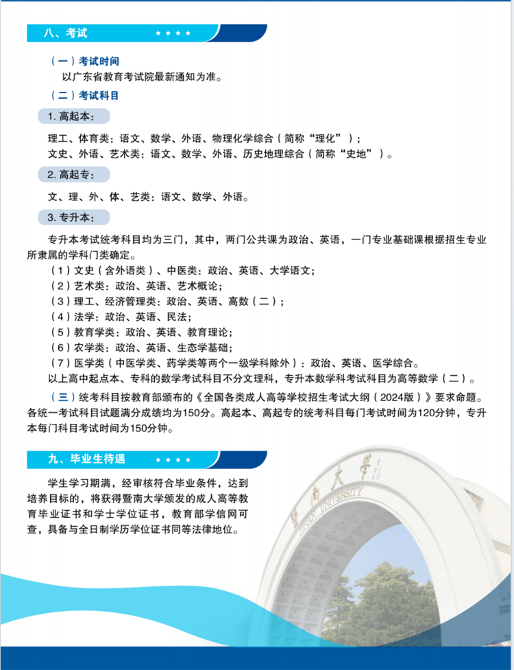 2025年暨南大學成人高考考試科目